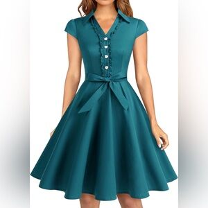 Teal Retro/Vintage Cap Sleeve Swing Dress
